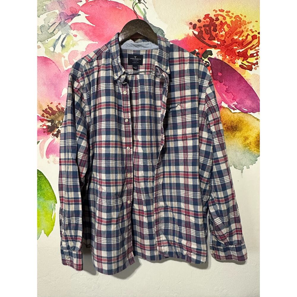 American Eagle Flannel Shirt Mens Size XXL Classic Fit Blue/Red/Cream Plaid